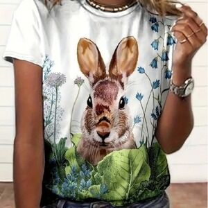Unbranded Womens Rabbit Bunny Graphic T-Shirt White Nature Floral Tee Size M